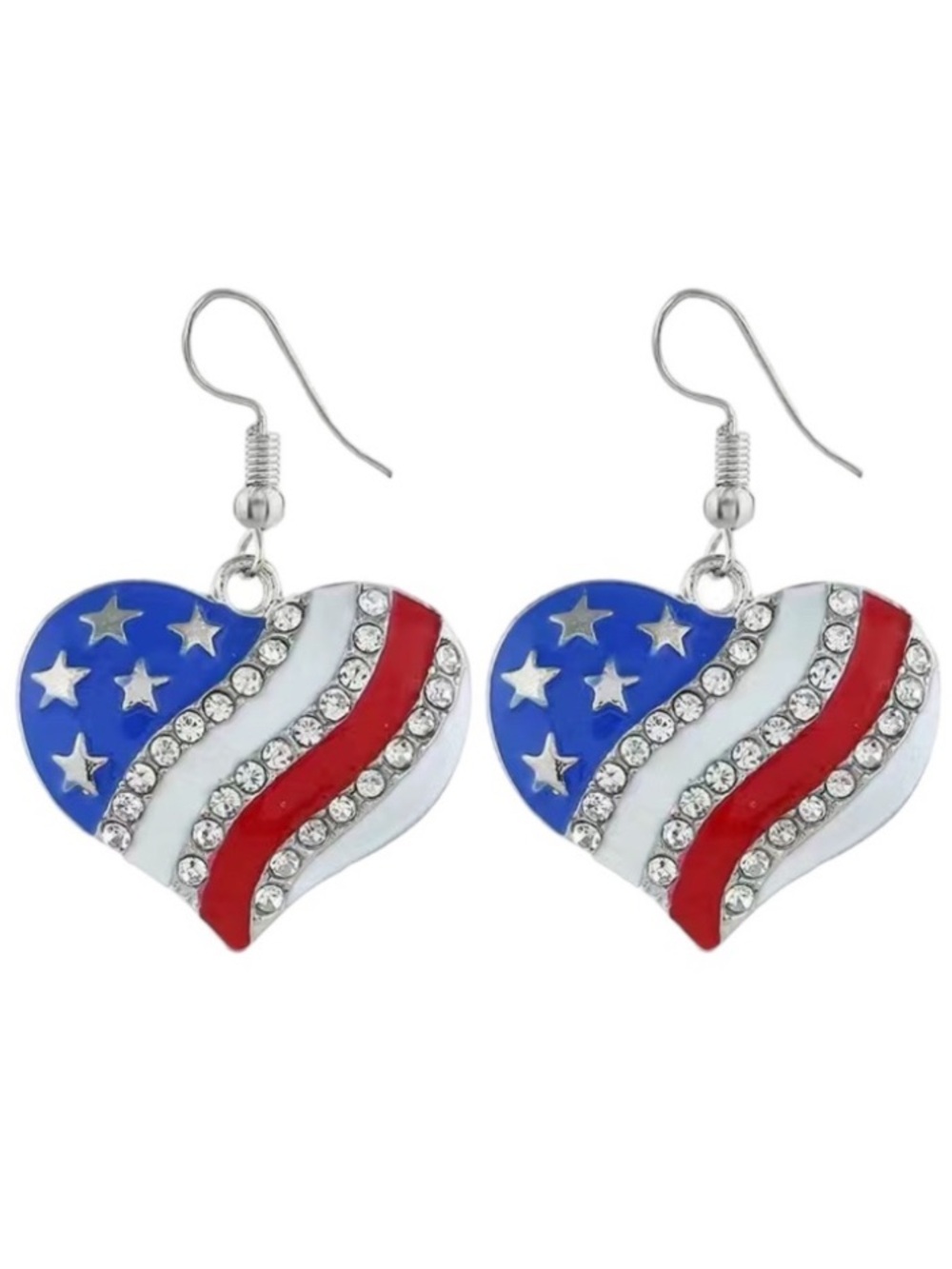 Patriotic Heart Red White & Blue Enamel & Crystal Silver Toned Dangle Earrings